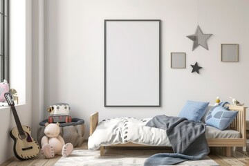 Cozy Kids Room with Playful Decor, Guitar, and Star-Themed Wall Art