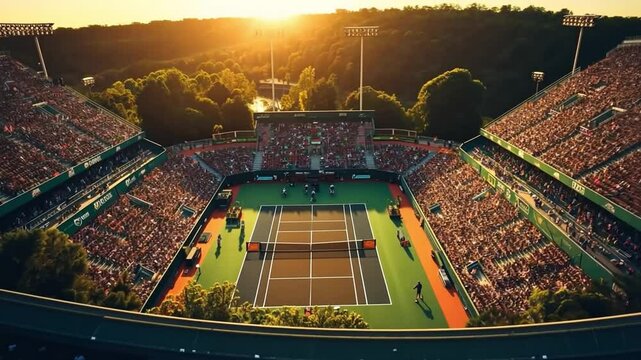 Aerial shot of a tennis court with a tribune full of people. Sports fans over the sunset sky