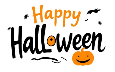 Black and orange Halloween greeting with pumpkin and bats for spooky festive designs. 

