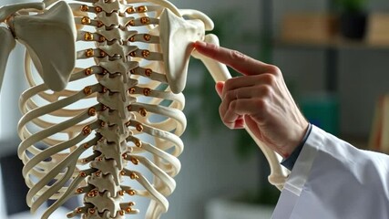 Physical therapist's hand pointing at a human skeleton at the middle back to advise and consult to patient on treatment at the office for healthcare