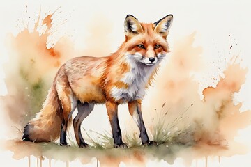 Watercolor Fox: A full-body watercolor painting of a fox