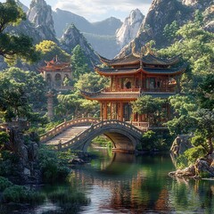 Fototapeta premium Serene Chinese garden featuring ancient architecture and intricate stone bridges picture