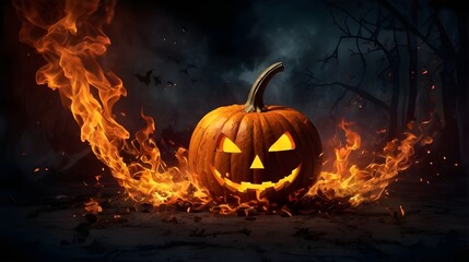 Scary Halloween in Flames: Fiery Pumpkins, Ghosts, and Skeletons Illustration