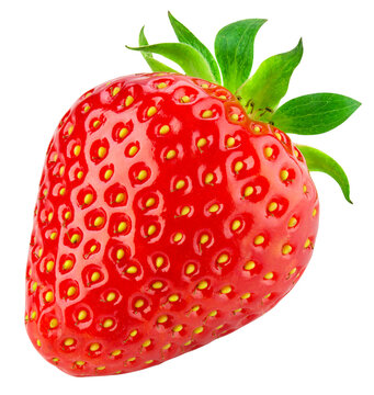 Strawberry isolated png. One strawberry on transparent background. PNG format. Red berry with no background. Full depth of field.