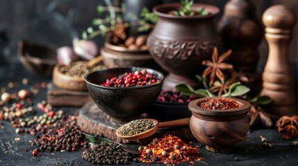 Various spices in rustic bowls with star anise and herbs