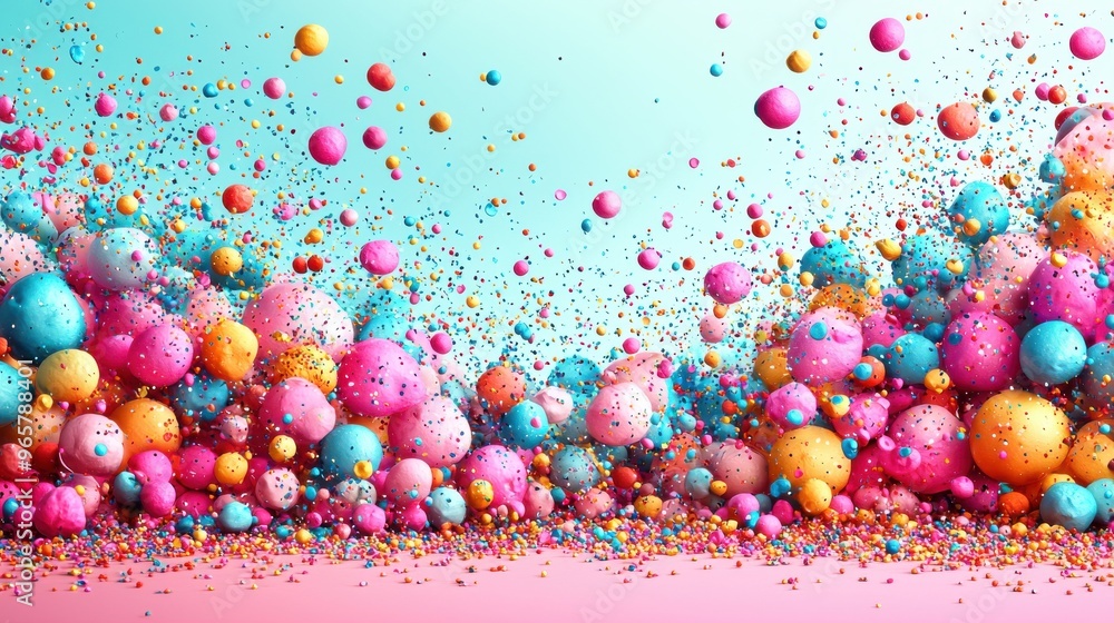 Poster colorful explosion of spheres and particles creates a vibrant atmosphere in a playful abstract desig