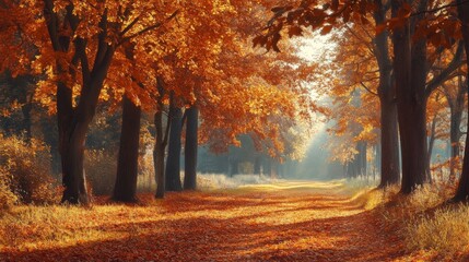 Fototapeta premium Autumn nature scene with trees and leaves creating a serene, tranquil setting.