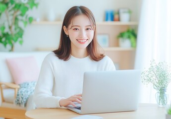 Asian woman using laptop computer.