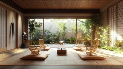Japanese-style podcast studio with tatami flooring, low wooden chairs, bamboo decorations, traditional microphones, and subtle calligraphy on the walls