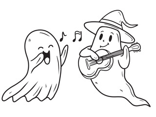 Vector set of cute hand drawn ghost with bow, singing, playing guitar, dancing and holding pumpkin in black isolated on white background. Sketch illustration in doodle engraved vintage line art style
