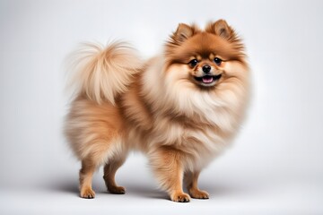 Obraz premium A fluffy pomeranian dog standing and looking straight ahead on a white background, AI Generated