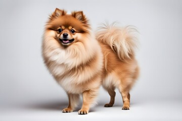 Obraz premium A fluffy pomeranian dog standing and looking straight ahead on a white background, AI Generated