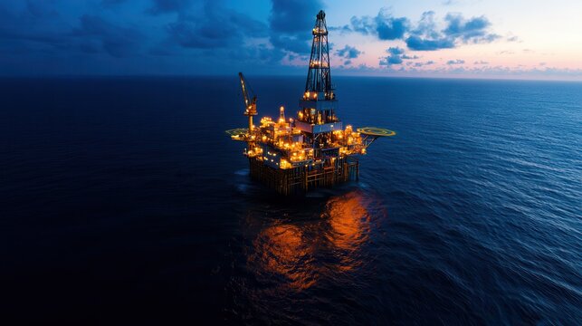 Aerial view offshore drilling rig (jack up rig) at the offshore location during sunset