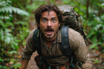 Obraz premium A man with brown hair and a beard, wearing outdoor gear and a backpack, is captured with a surprised expression in a dense jungle setting. 