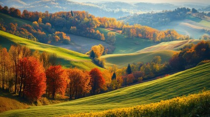 Obraz premium Beautiful autumn scenery with rolling hills and colorful trees.