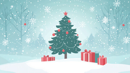 Fototapeta premium An watercolor painting of a decorated Christmas tree card with snowflakes in winter on snowy background. Generative AI. 