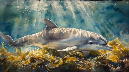 Fototapeta premium Baby dolphin asleep on seaweed, bathed in sunlight rays piercing the ocean, watercolor, soft brushstrokes, gentle blues, and greens