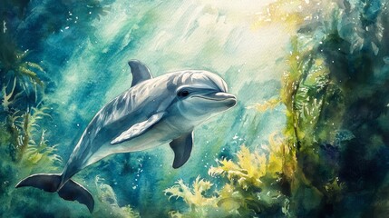 Obraz premium Baby dolphin resting in a seaweed bed, ocean sunlight shining through, watercolor, soft color palette of turquoise and green, peaceful underwater atmosphere