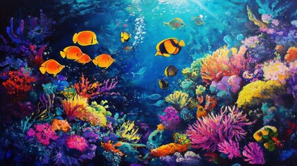 Naklejka premium Vibrant underwater scene with colorful coral reef and tropical fish swimming.