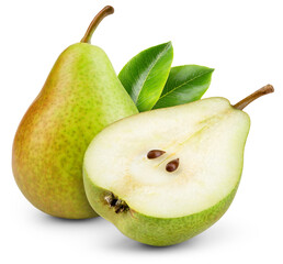 Pear with leaf isolated png. Green pear with a half on transparent background. PNG format. Pear...
