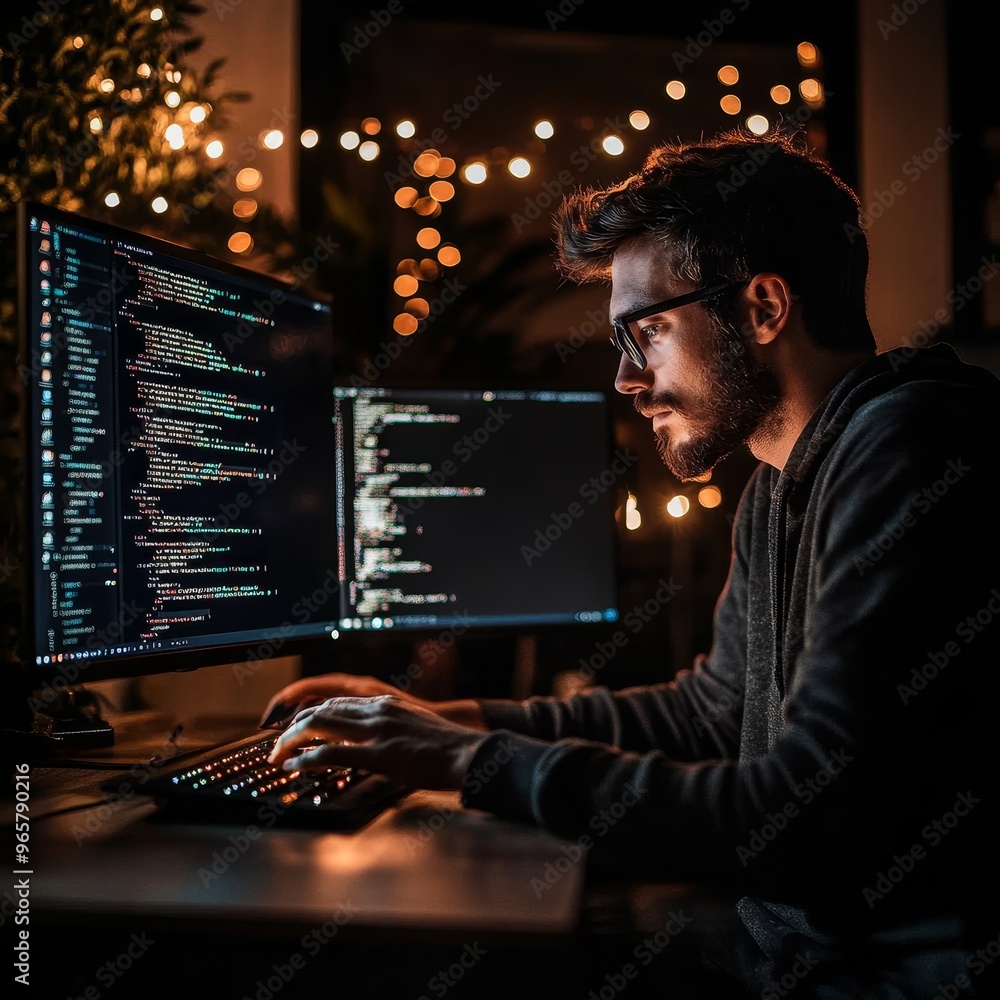 Poster focused it professional working late, analyzing code on multiple monitors in a dark office