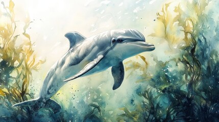 Fototapeta premium Calm baby dolphin amid flowing seaweed under the ocean sun, painted in soft watercolor tones, with gentle light filtering through, creating a dreamlike scene