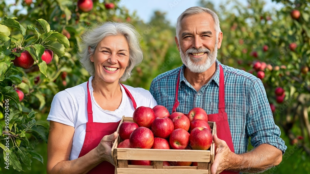 Poster a couple is holding a basket of apples in a field. they are smiling and seem to be enjoying their ti