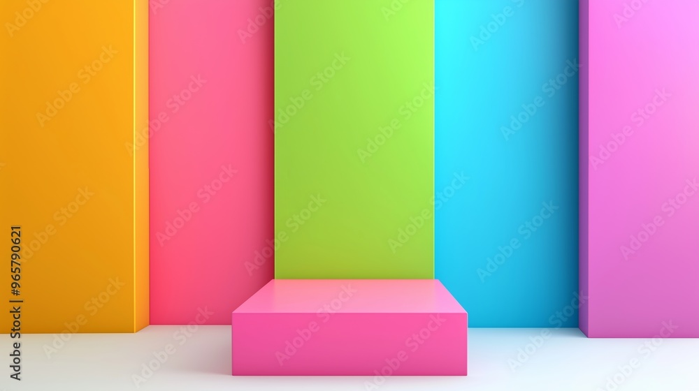 Poster a colorful display of blocks with a pink pedestal in the middle. the blocks are arranged in a row, w