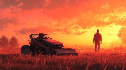 Fototapeta premium Lawn mower sitting still on freshly trimmed grass, under a pink-orange sunset sky, Steampunk, Mechanical detailing, Muted colors, Fine brush strokes