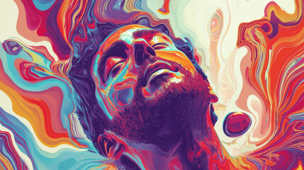 A person in mid groove, experiencing fluid motion in vibrant, retro psychedelic style. colors swirl around, creating an emotional and dynamic atmosphere