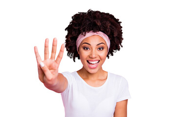 Close up photo beautiful amazing she her dark skin lady hold hand arm counting start beginning show...