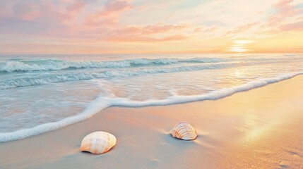 Obraz premium Tranquil Beach Scene at Sunrise with Gentle Waves and Pastel-Colored Sky