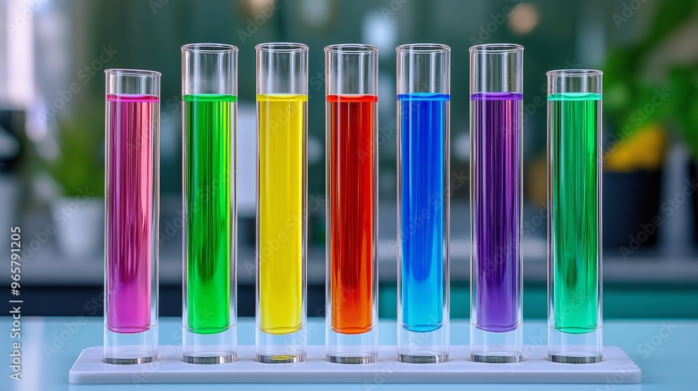 Poster a row of colorful test tubes filled with different colored liquids. the tubes are lined up on a tabl