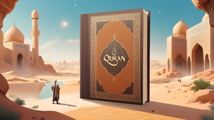 Ancient looked book, with the name Quran, fantasy background with dessert, people looking at book
