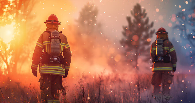 Tres bomberos est&aacute;n corriendo a trav&eacute;s de un edificio en llamas la escena es intensa y dram&aacute;tica con los bomberos en todo su equipo y las llamas que los rodean la escena es de urgencia y peligro.fire
