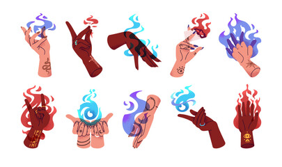 Diverse human hands with flame set. Different women with magic burning fire on fingers. Witchcraft, spells. Energy, power, inspiration concept. Flat isolated vector illustrations on white background