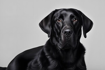 Fototapeta premium A sleek black labrador retriever sitting calmly on a white background, AI Generated