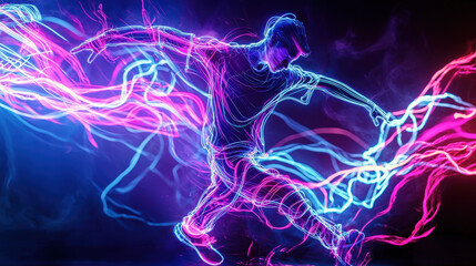 Dancing figure illuminated by flowing neon lights creates vibrant and energetic atmosphere. dynamic movement captures essence of rhythm and creativity