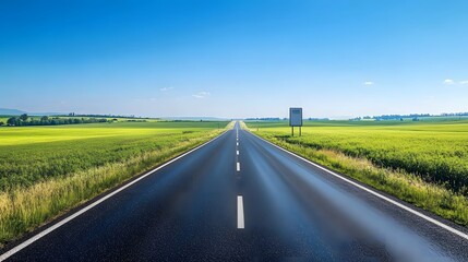 Fototapeta premium Bright sunny day, open road stretching to horizon, empty billboard on roadside, vibrant green fields, clear blue sky, rural landscape, straight highway, minimal clouds.