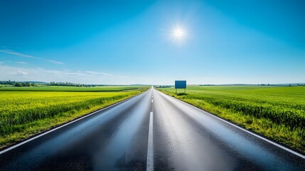 Fototapeta premium Bright sunny day, open road stretching to horizon, empty billboard on roadside, vibrant green fields, clear blue sky, rural landscape, straight highway, minimal clouds.