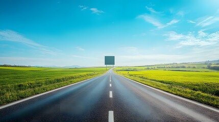 Fototapeta premium Bright sunny day, open road stretching to horizon, empty billboard on roadside, vibrant green fields, clear blue sky, rural landscape, straight highway, minimal clouds.
