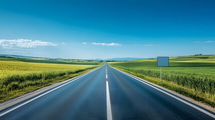 Obraz premium Bright sunny day, open road stretching to horizon, empty billboard on roadside, vibrant green fields, clear blue sky, rural landscape, straight highway, minimal clouds.