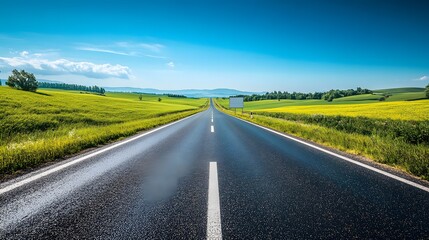 Fototapeta premium Bright sunny day, open road stretching to horizon, empty billboard on roadside, vibrant green fields, clear blue sky, rural landscape, straight highway, minimal clouds.