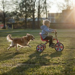 Small Dog Running Alongside a Child Riding a Tricycle in a Park