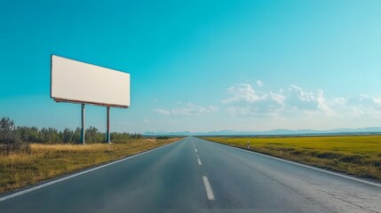 Bright sunny day, open road stretching to horizon, empty billboard on roadside, vibrant green fields, clear blue sky, rural landscape, straight highway, minimal clouds.