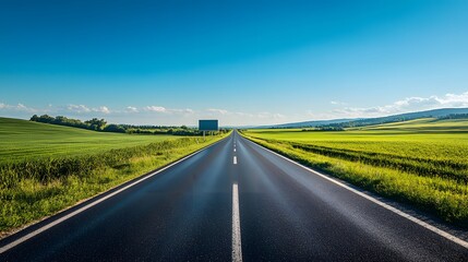 Fototapeta premium Bright sunny day, open road stretching to horizon, empty billboard on roadside, vibrant green fields, clear blue sky, rural landscape, straight highway, minimal clouds.