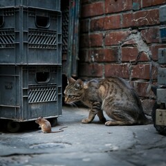 Stray Cat Watching a Mouse Intently Near a Stack of Crates