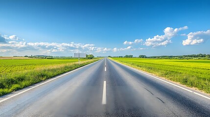 Bright sunny day, open road stretching to horizon, empty billboard on roadside, vibrant green fields, clear blue sky, rural landscape, straight highway, minimal clouds.