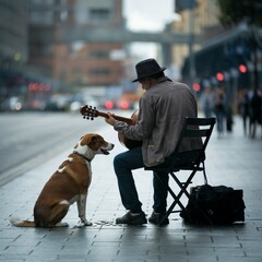 Street Musician Playing an Instrument with a Dog Sitting Beside Him