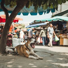 Street Dog Yawning Under a Shaded Market Stall